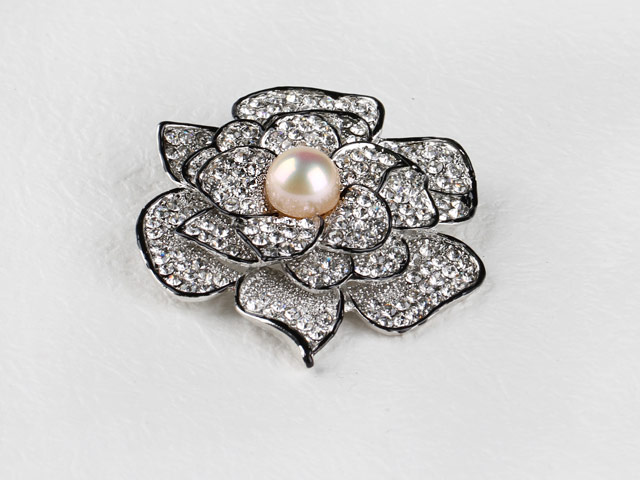 beautiful rose shape pink color pearl  brooch with rhinestone