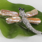 natural color Biwa pearl dragonfly shape brooch with rhinestone