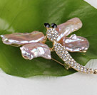 natural purple color Biwa pearl dragonfly shape brooch with rhinestone