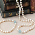 Natural White Freshwater Pearl and Aquamarine Set with Sterling Silver Clasp (Necklace and Matched Bracelet)