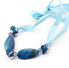 23.6 inches white pearl blue agate crystal necklace with ribbon