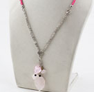 Simple Design Pearl and Rose Quartz and Colored Glaze Necklace with Metal Chain