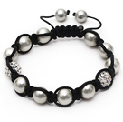 Light Gray Seashell Beads and Rhinestone Woven Drawstring Bracelet
