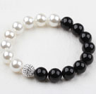 White and Black Color Seashell Beads and Rhinstone Ball Elastic Bangle Bracelet