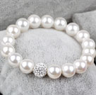 White Color Seashell Beads and Rhinstone Ball Elastic Bangle Bracelet
