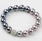 Black and Gray Color Seashell Beads and Rhinstone Ball Elastic Bangle Bracelet