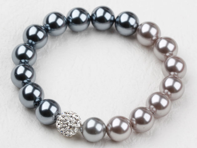 Black and Gray Color Seashell Beads and Rhinstone Ball Elastic Bangle Bracelet