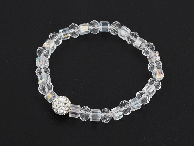 Simple Design Clear Crystal Stretch Bangle Bracelet with White Rhinestone Ball