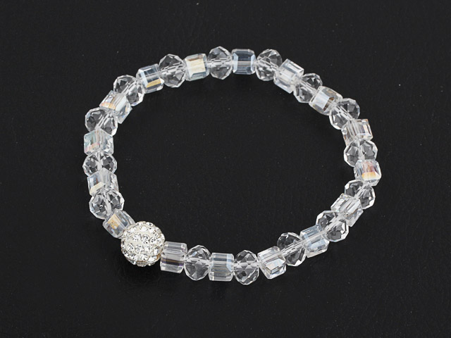 Simple Design Clear Crystal Stretch Bangle Bracelet with White Rhinestone Ball