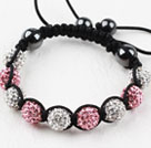 10mm White and Pink Rhinestone Ball Woven Drawstring Bracelet with Adjustable Thread