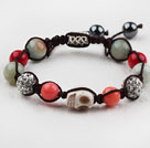 Fashion Style Howlite and Red Coral and Amazon Stone Woven Drawstring Bracelet with Rhinestone Ball