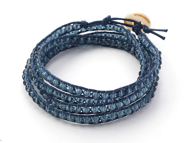 Fashion Style Dark Blue Crystal Woven Wrap Bangle Bracelet with Dark Blue Wax Thread