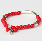 Beautiful Round Red Turquoise And Tibet Silver Tube Heart Charm Beads Bracelet