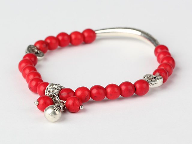 Beautiful Round Red Turquoise And Tibet Silver Tube Heart Charm Beads Bracelet