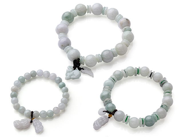 Cool Simple Design 3 pcs A Grade Jadeite Beads Stretchy Bracelet with Pi Xiu Accessory