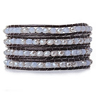 Popular Style Multi Strands Milky White Jade-Like Crystal Beads Bracelet with Dark Brown Leather