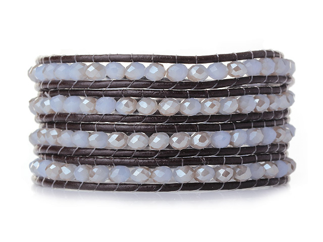 Popular Style Multi Strands Milky White Jade-Like Crystal Beads Bracelet with Dark Brown Leather