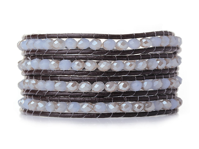 Popular Style Multi Strands Milky White Jade-Like Crystal Beads Bracelet with Dark Brown Leather