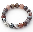 Gray Series 10mm Persian Stripe Agate and Tungsten Steel Stone and Rhinestone Beaded Stretch Bracelet