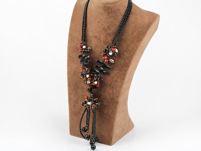 multi strand Y shape beautiful pearl crystal and black agate necklace