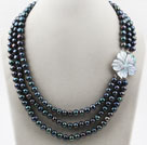 Three Strands Black Freshwater Pearl Necklace with Shell Flower Clasp