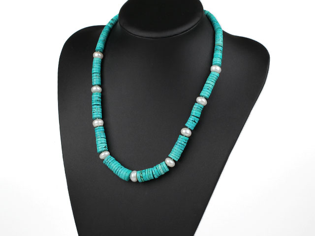 Disc Shape Turquoise and White Freshwater Pearl Graduated Necklace