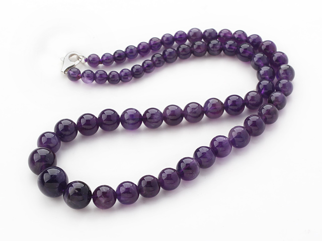 Natural Round Amethyst Graduated Beaded Necklace with Lobster Clasp