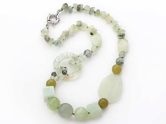 Light Green Series Assorted Multi Shape Prehnite and Serpentine Jade Necklace