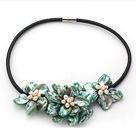 Light Green Shell Flower and Pink Freshwater Pearl Leather Necklace with Black Leather