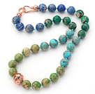 Assorted 12mm Round Blue and Green Color Imperial Jasper Beaded Knotted Necklace with Golden Rose Color Metal Ball