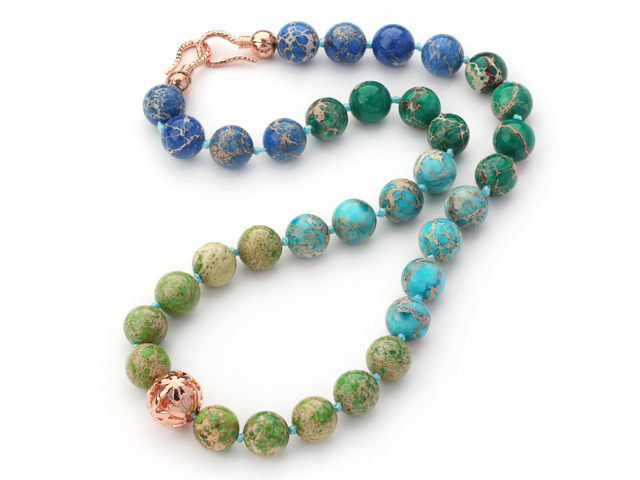 Assorted 12mm Round Blue and Green Color Imperial Jasper Beaded Knotted Necklace with Golden Rose Color Metal Ball