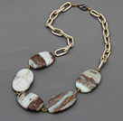 Oval Shape White Pictuer Jasper Stone Necklace with Bood Metal Chain