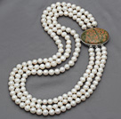 Three Strands 8-9mm Natural White Freshwater Pearl Beaded Necklace with Stone Clasp