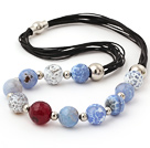 Blue Series Round Fire Agate and Pink Agate Leather Necklace with Magnetic Clasp