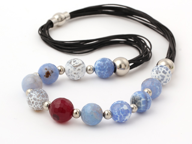 Blue Series Round Fire Agate and Pink Agate Leather Necklace with Magnetic Clasp