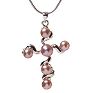 Marvelous Natural Pink Freshwater Pearl And Metal Cross Pendant Chain Necklace