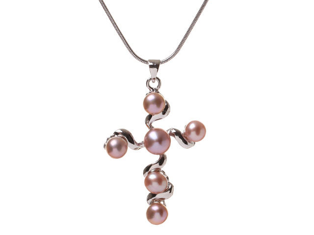 Marvelous Natural Pink Freshwater Pearl And Metal Cross Pendant Chain Necklace
