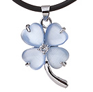 Fashion Inlaid Lake Blue Heart Shape Cats Eye Four Leaf Clover Zincon Pendant Necklace With Black Leather