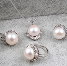 13-14mm Natural White Freshwater Pearl Set (Pendant Earrings and Matched Ring)