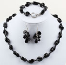 Assorted Faceted Drop and Oval Shape Black Agate Set (Necklace Bracelet and Matched Earrings)
