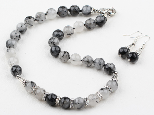12mm Black Rutilated Quartz Set ( Necklace and Matched Earrings )