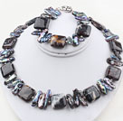 Black Big Biwa Pearl and Africa Agate Set ( Necklace and Matched Bracelet )