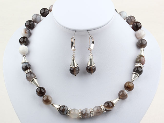 Classic Design 12mm Round Gray Agate Set ( Necklace and Matched Earrings )