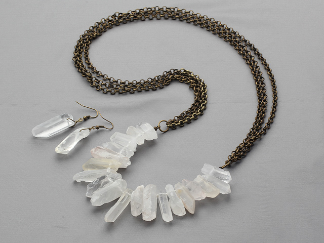 Vintage Style Frosted Natural Clear Crystal Set with Bronze Chain ( Necklace and Matched Earrings )