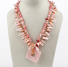 double strand rose quartze and agate necklace with pendant