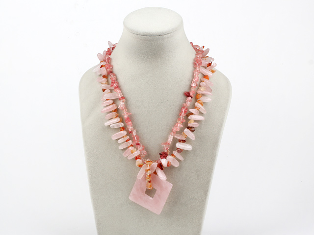 double strand rose quartze and agate necklace with pendant