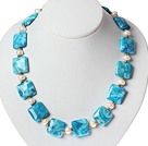 Single Strand White Pearl and Blue Crazy Agate Necklace