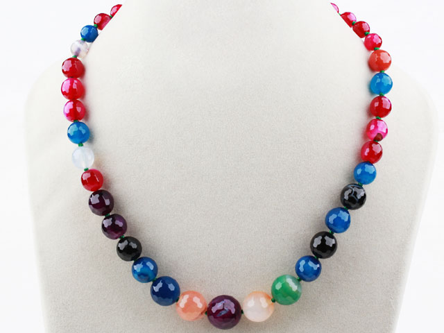 Assorted Faceted Multi Color Agate Graduated Beaded Necklace with Moonlight Clasp