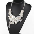 Elegant and Big Style White Biwa Pearl and Clear Crystal and White Shell Flower Party Necklace