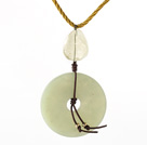 Light Green Series Grinding Lemon Crystal and Donut Shape Serpentine Jade Pendant Necklace with Yellow Cord
